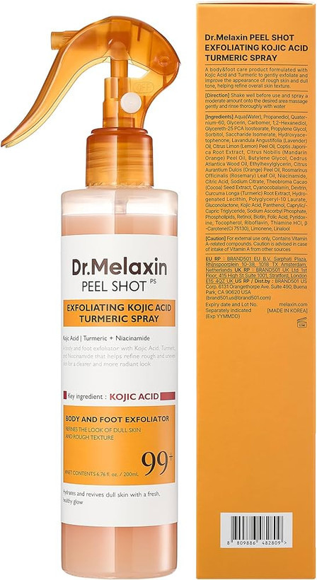 اسپری پیل شات لایهبردار دکتر ملاکسین Peel Shot حجم 150 میلیلیتر | حاوی کوجیک اسید و زردچوبه، روشنکننده و رفع تیرگی بدن