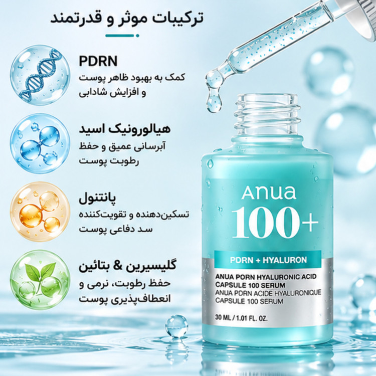 سرم آبرسان و ترمیمکننده آنوا PDRN + Hyaluron Capsule 100 Serum حجم 30 میلیلیتر | حاوی PDRN و هیالورونیک اسید