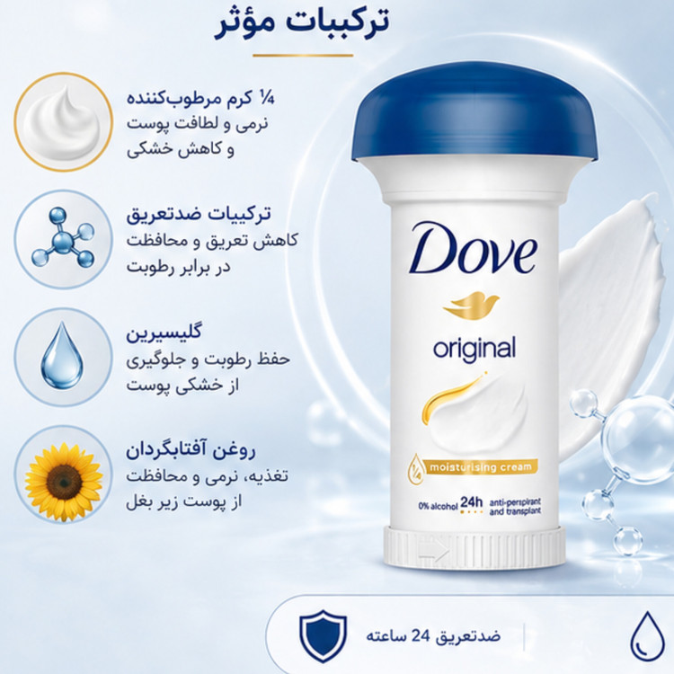 مام قارچی ضدتعریق داو Original حجم 50 میلیلیتر | محافظت 24 ساعته با کرم مرطوبکننده و بدون الکل
