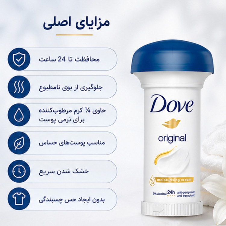 مام قارچی ضدتعریق داو Original حجم 50 میلیلیتر | محافظت 24 ساعته با کرم مرطوبکننده و بدون الکل