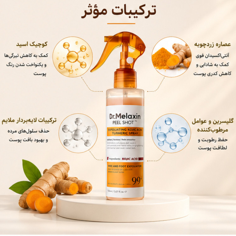 اسپری پیل شات لایهبردار دکتر ملاکسین Peel Shot حجم 150 میلیلیتر | حاوی کوجیک اسید و زردچوبه، روشنکننده و رفع تیرگی بدن