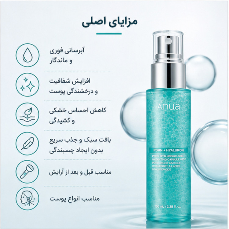 اسپری میست آبرسان آنوا Dewy Glow PDRN Hyaluronic Acid Hydrating Capsule Mist حجم 100 میلیلیتر | آبرسان، شادابکننده و درخشانکننده پوست